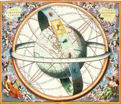 A Situação da Terra nos Céus, placa de "O Atlas Celestial, ou a Harmonia do Universo" (Atlas coelestis sua harmonia macrocosmica) pub. por Joannes Janssonius, Amsterdã, 1660-1 de Andreas Cellarius
